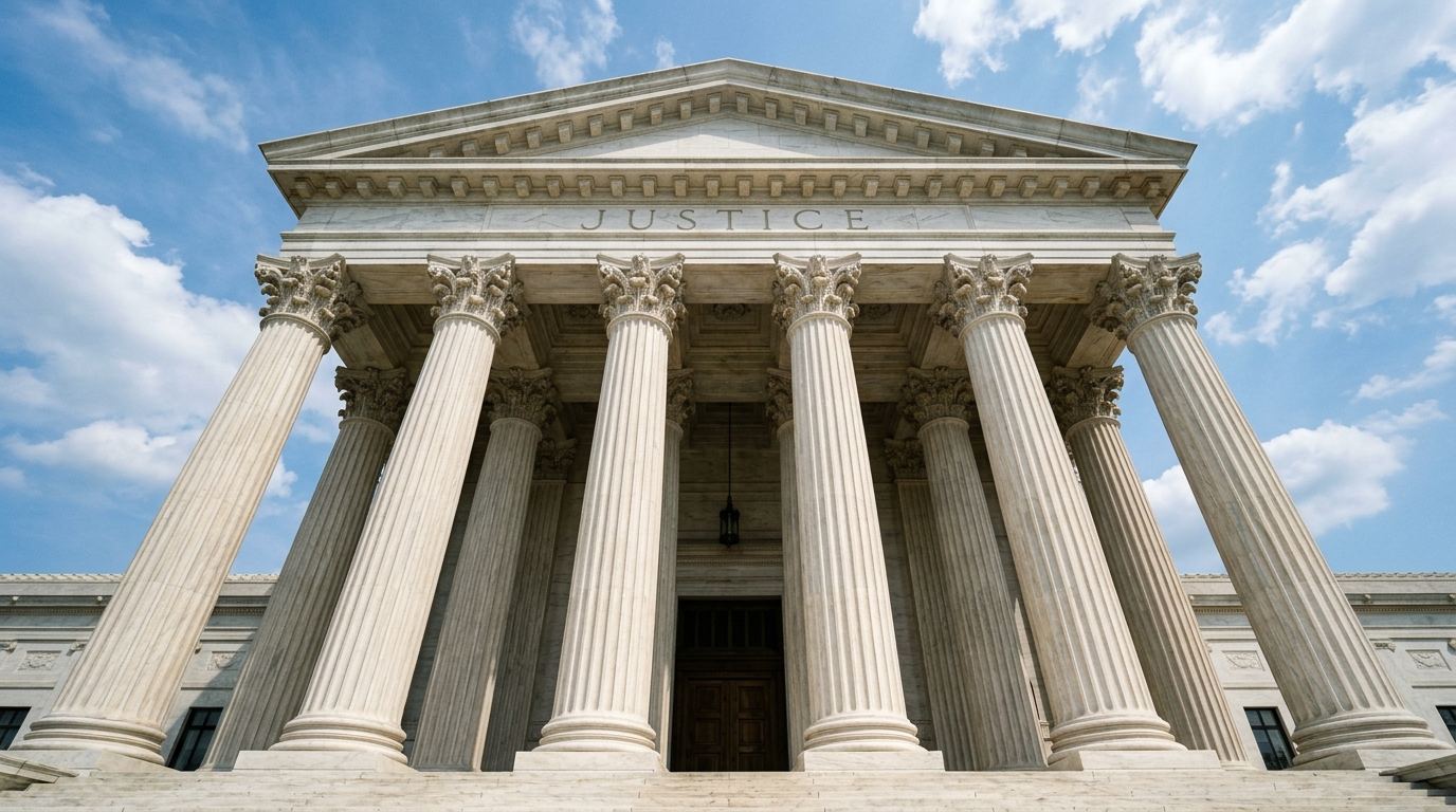 Classical courthouse columns with JUSTICE inscription