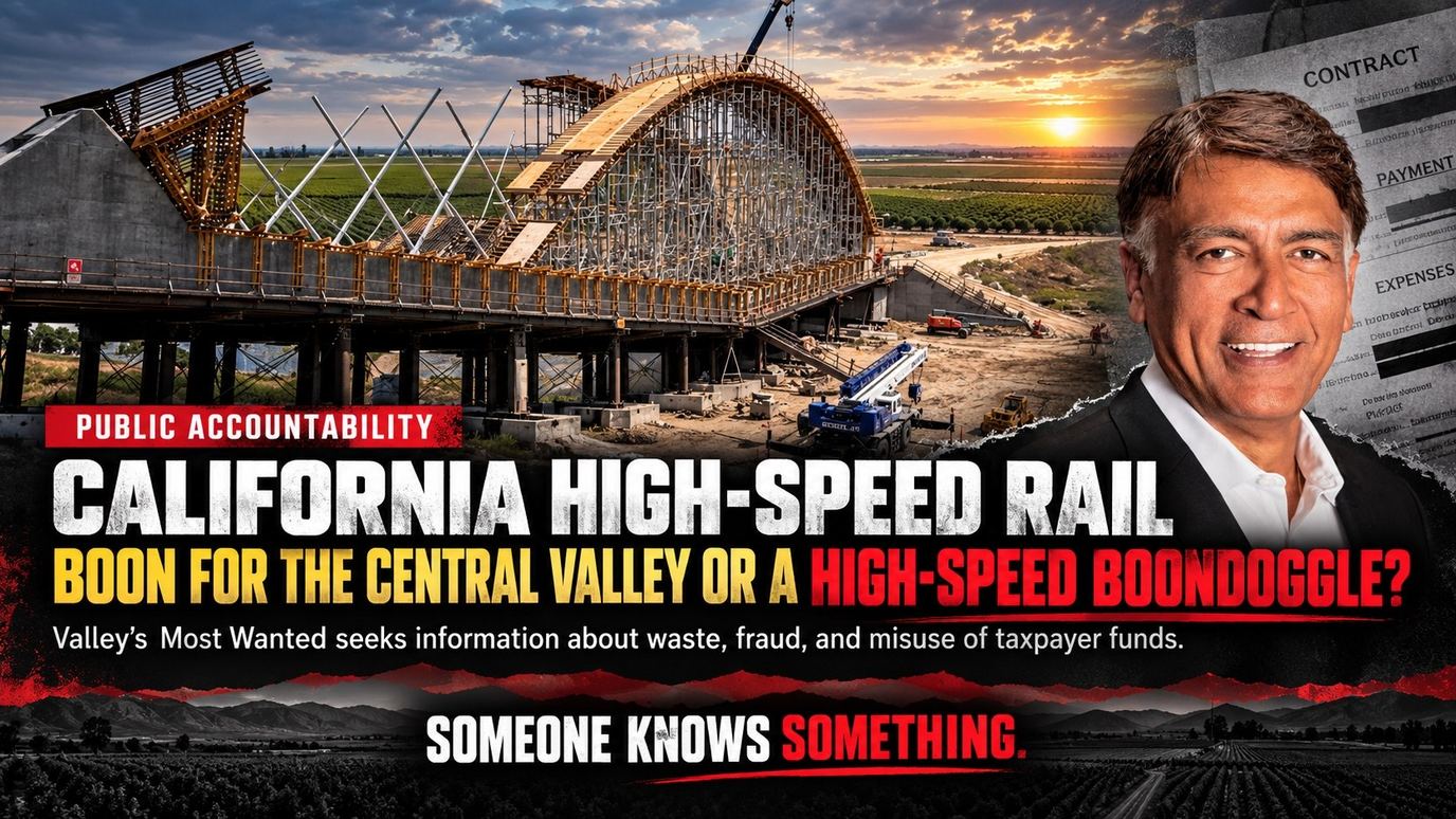 Illustrative graphic: viaduct construction in the Central Valley beside a portrait of the authority's former chief executive, under the headline 'Boon for the Central Valley or a high-speed boondoggle?'