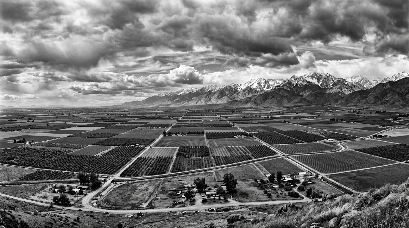 Black-and-white panorama of the Central Valley